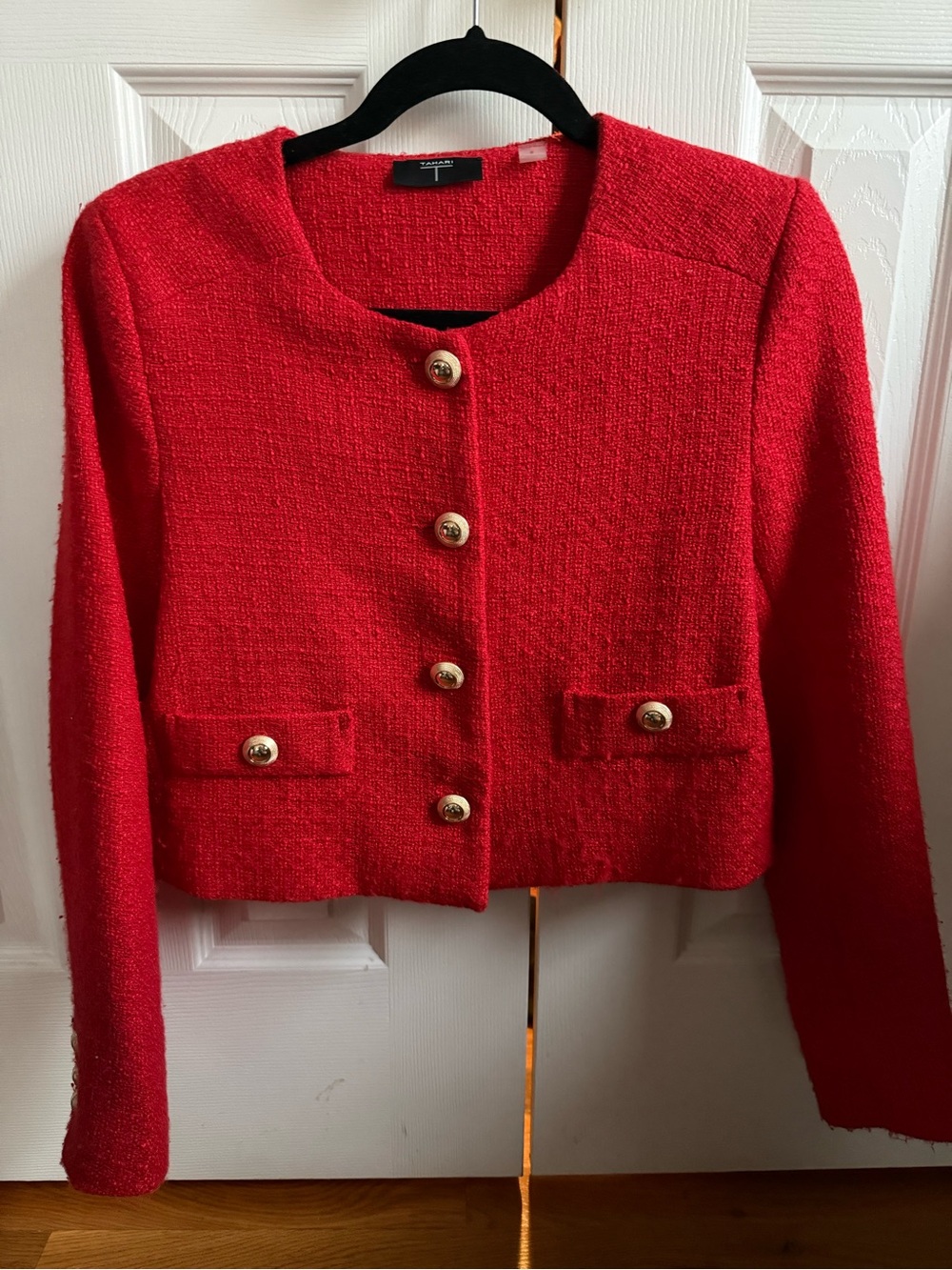 Tahari Red Tweed Cropped Button-Front Jacket